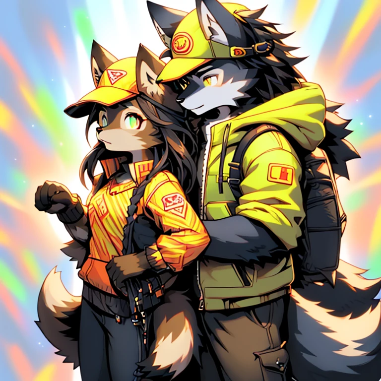 (wolf boy) (wolf girl) (10-year-old (female black wolf child), (bright green eyes), ((black fur, extremely long black hair))) (11-year-old (boy brown wolf child), (bright gold eyes), ((brown fur, short messy brown hair))) ((wolf girl yellow dress, newsboy-cap)) ((wolf boy gray-green jacket, khaki pants, hood down)) Fluffy anthropomorphic wolf, Fluffy wolf nose, wolf tail, Body fur, (detailed eyes) ((((wolf girl black fur)))) ((((wolf boy brown fur))))