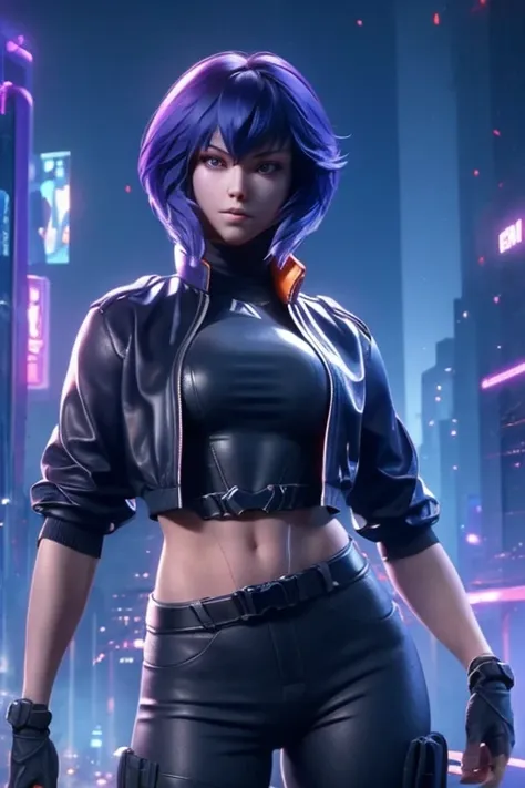 motoko kusanagi from ghost in the shell  jumps backwards with a flip from roof edge of skyscrape, athletic build, tough and conf...