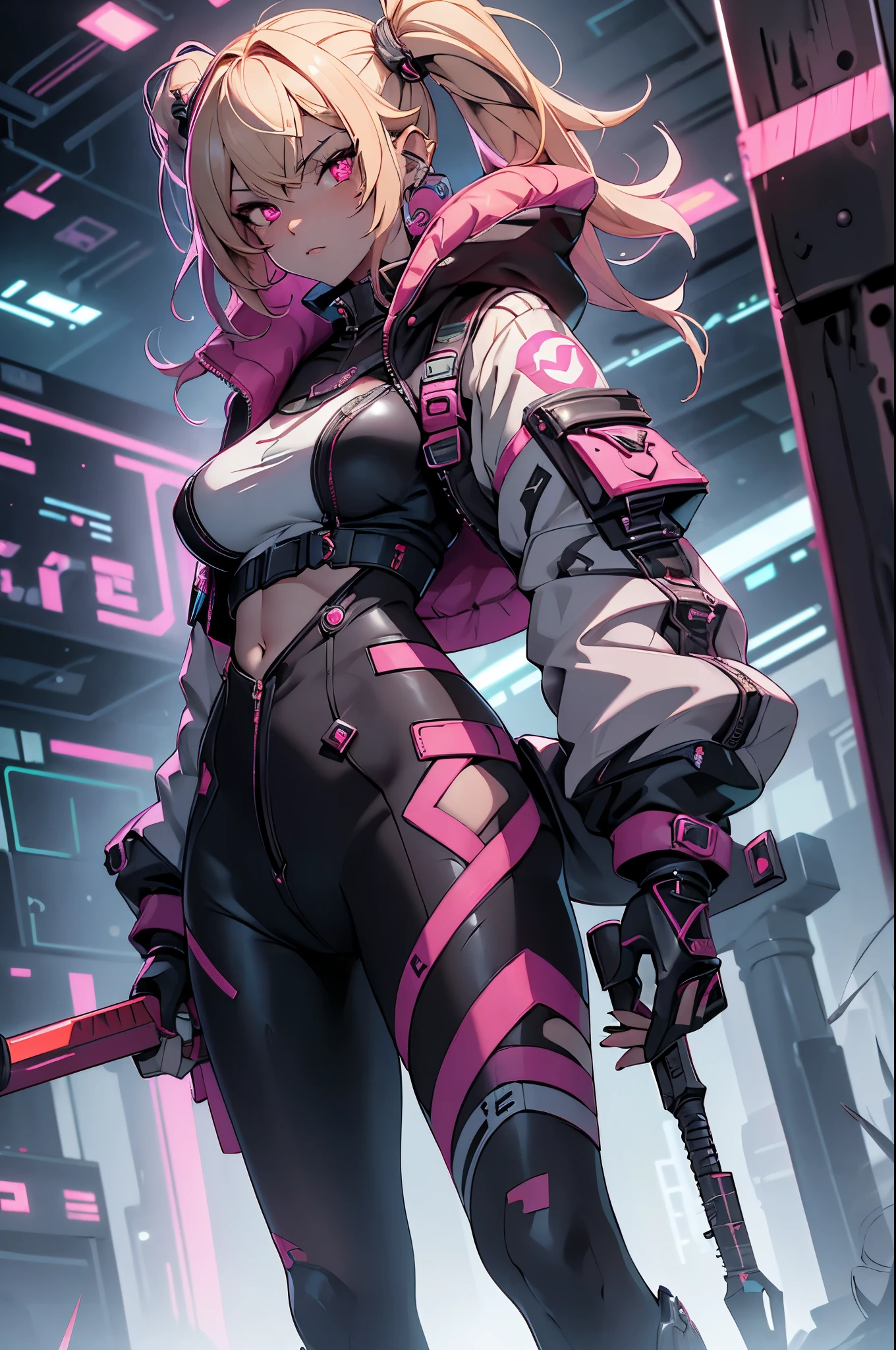 One girl, Rebecca \(cyber punk\), ((full body,Dynamic Angle,Holding a weapon in your hands,Holding a hammer in your hand:1.35)),One Woman,Blonde twisted twin tails, glowing Red eyes,Laugh fearlessly, Leg Tattoos, Neck Tattoo,  Large Breasts, Black bra, String, Red pupils, Leather Fang, Red eyes, Black jacket,cyber punk,cyber cityscape,