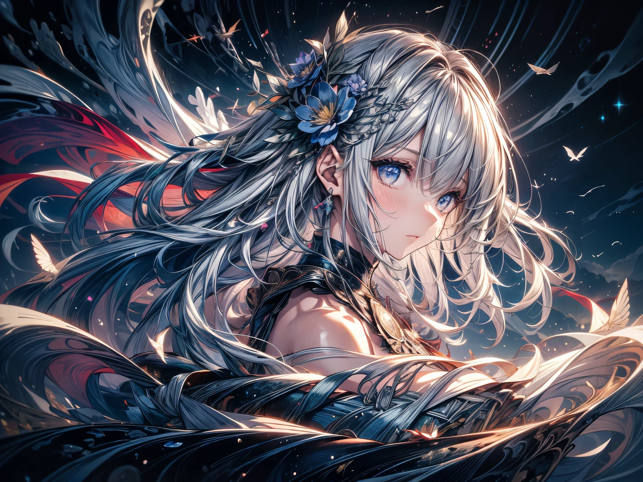 bust, Waves, 1 girl, No.18, extremely long hair, Silver slit dress, 
Flowers bloom,  galaxy, Spiral Nebula, birds,  Like a dream,
best quality, masterpiece, Ultra-high resolution, illustration, Deep Shadow, Rim Light, 