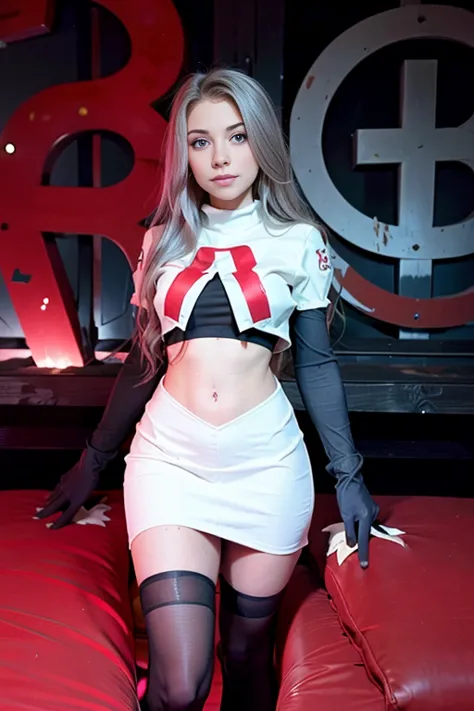 xoaeriel, a woman wearing team rocket,team rocket uniform,white skirt,red letter r,crop top,black thigh-highs,black elbow gloves...