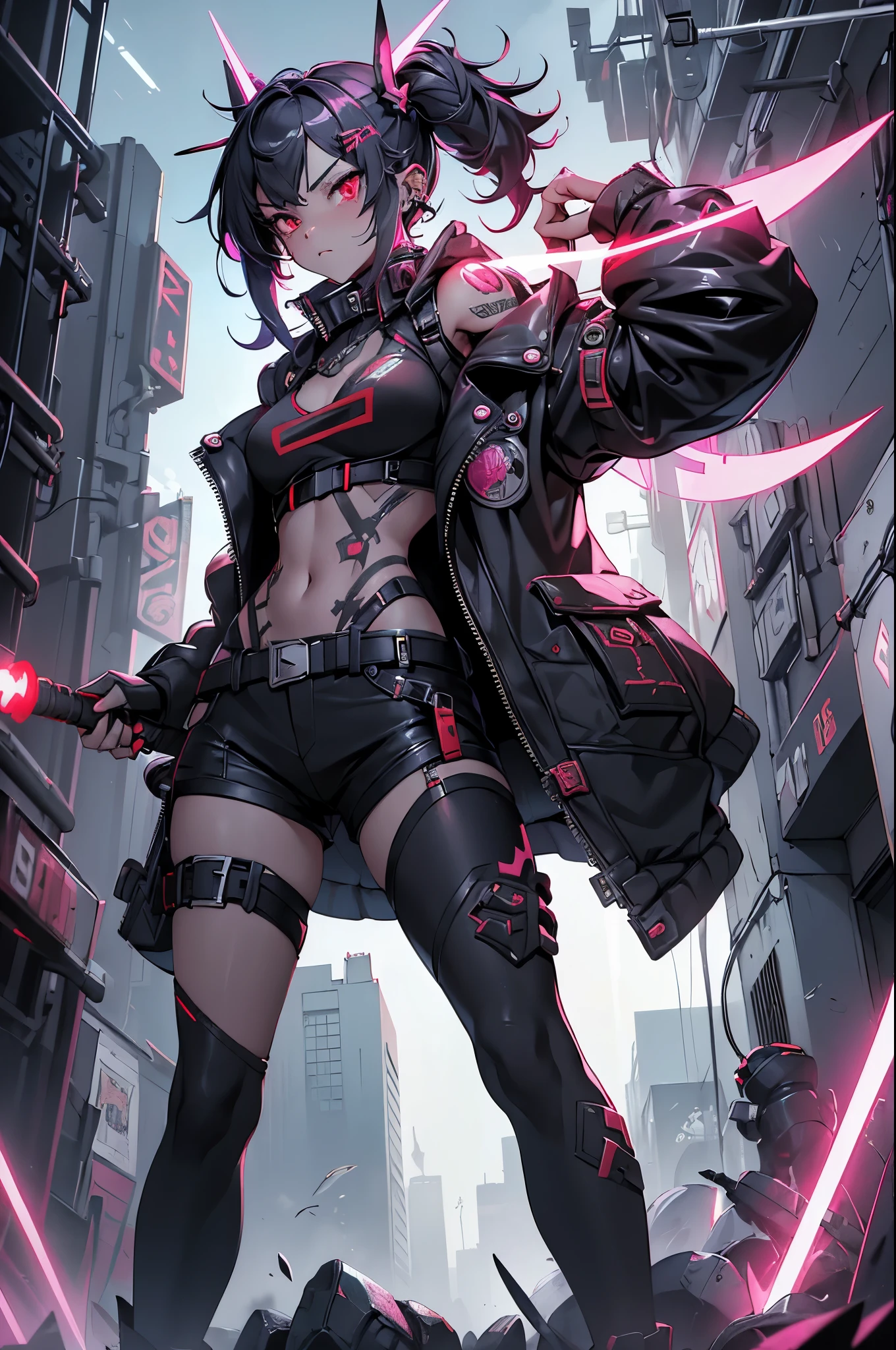 One girl, Rebecca \(cyber punk\), ((full body,Dynamic Angle,He holds a weapon in his right hand, raised it to his shoulder, and carries it on his shoulder.,Holding a hammer in your hand:1.35)),One Woman,Pink twisted twin tails, glowing Red eyes,Laugh fearlessly, Leg Tattoos, Neck Tattoo,  Large Breasts, Black bra, String, Red pupils, Leather Fang, Red eyes, Black jacket,cyber punk,cyber cityscape,