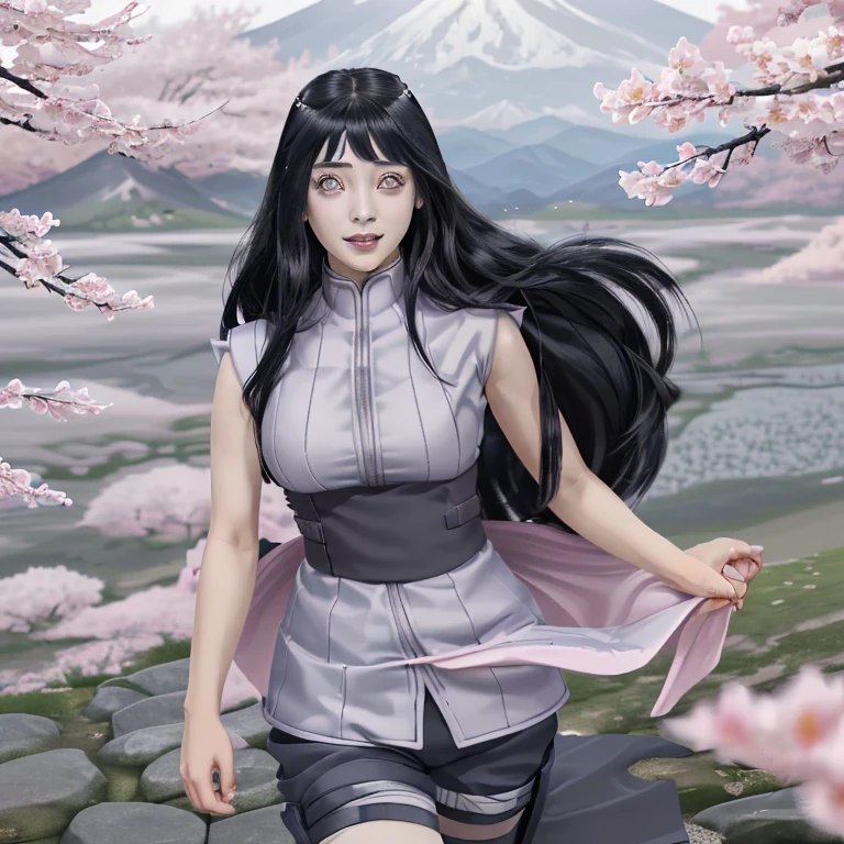 1girl,hinata in anime naruto, long hair , black hair, white eyes, beautifull face, white clothes, realistic clothes, detail clothes, outdoor background, ultra detail, realistic, smile sexy, background sakura flower, fuji mountain,very detail face cute, 