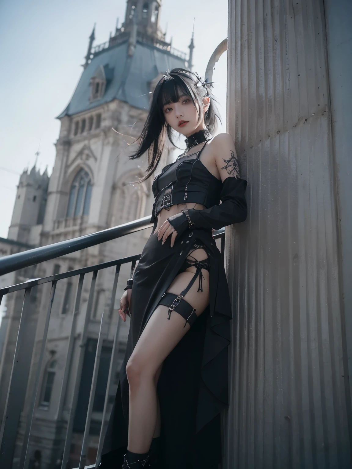 from below, minimum, harmony, tranquility, aesthetic, Steel tower with fine texture details, blue sky, 1 Girl , 24-years-old, slender, floating Medium Hair, bangs, (Gothic_Punk:1.2), masterpiece, best quality, RAW Photos, sigma 50mm f1.4, candytt