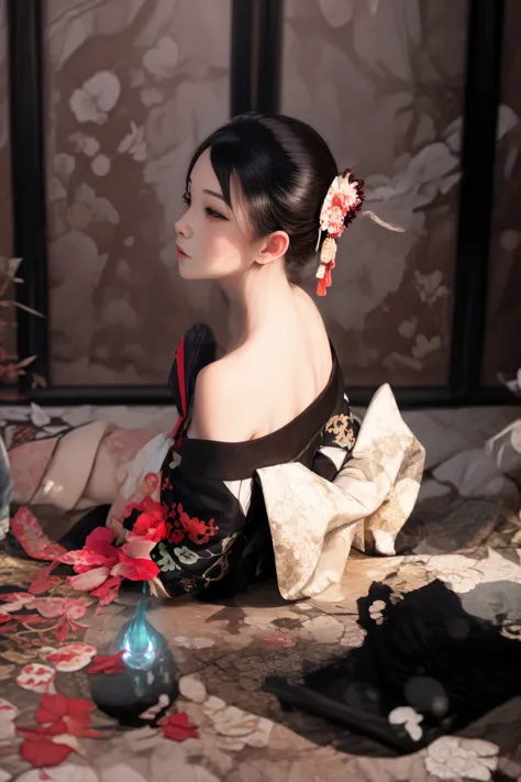 there is a woman sitting on a table with a flower in her hair, palace ， a girl in hanfu, hanfu, elegant japanese woman, traditio...