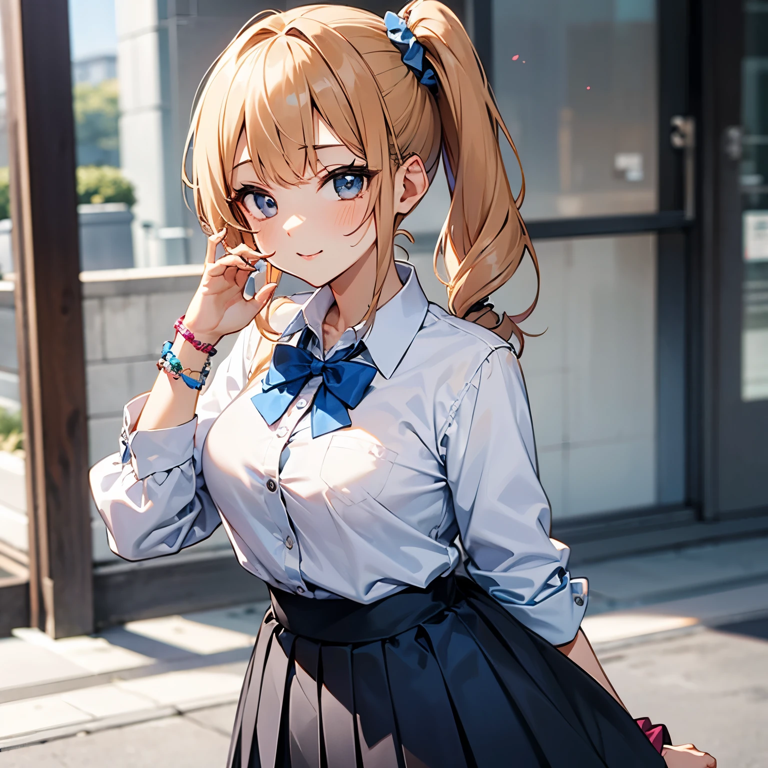 ,gyaru, collarbone, bow, loose bowtie, white shirt, collared shirt, long sleeves, bracelet, wrist scrunchie,blue skirt, pleated skirt,
clothes around waist,