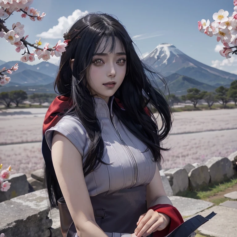 1girl,hinata in anime naruto, long hair , black hair, brown eyes, beautifull face, white clothes, realistic clothes, detail clothes,wearing a red scarf, outdoor background, ultra detail, realistic, smile sexy, background sakura flower, fuji mountain,very detail face cute, dark blue sky