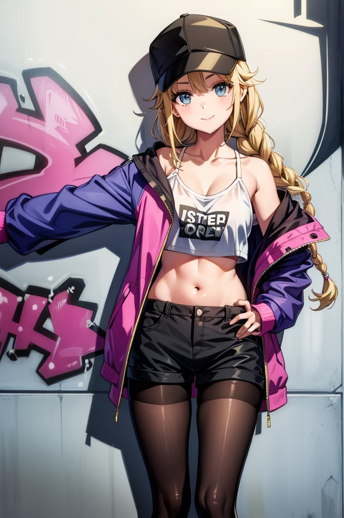 a picture of girl in shorts, jacket and hat standing in front of graffiti, 1girl, solo, crop top, shorts, hat, navel, blonde hair, stomach, twin braids, looking at viewer, jacket, black headwear, braid, pantyhose, long hair, breasts, midriff, open jacket, collarbone, short shorts, open clothes, smile, long sleeves, off shoulder
