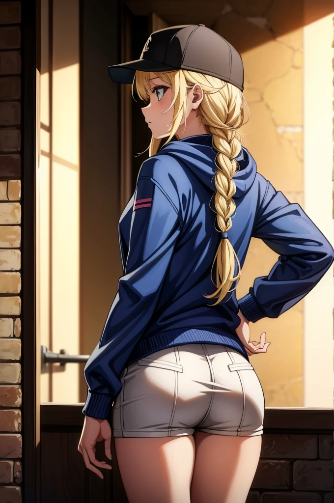 a girl with blonde hair is leaning on a large wall of a hotel, 1girl, braid, blonde hair, solo, hat, long hair, ass, baseball cap, from behind, braided ponytail, hood, single braid, jacket