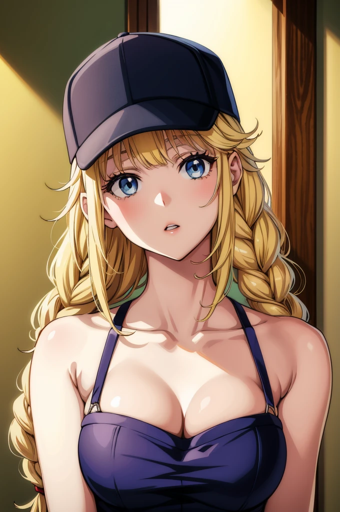 an anime drawing of a woman with blonde hair dressed in a baseball cap, 1girl, solo, blonde hair, blue eyes, braid, long hair, upper body, parted lips, breasts, looking at viewer, bangs, bare shoulders