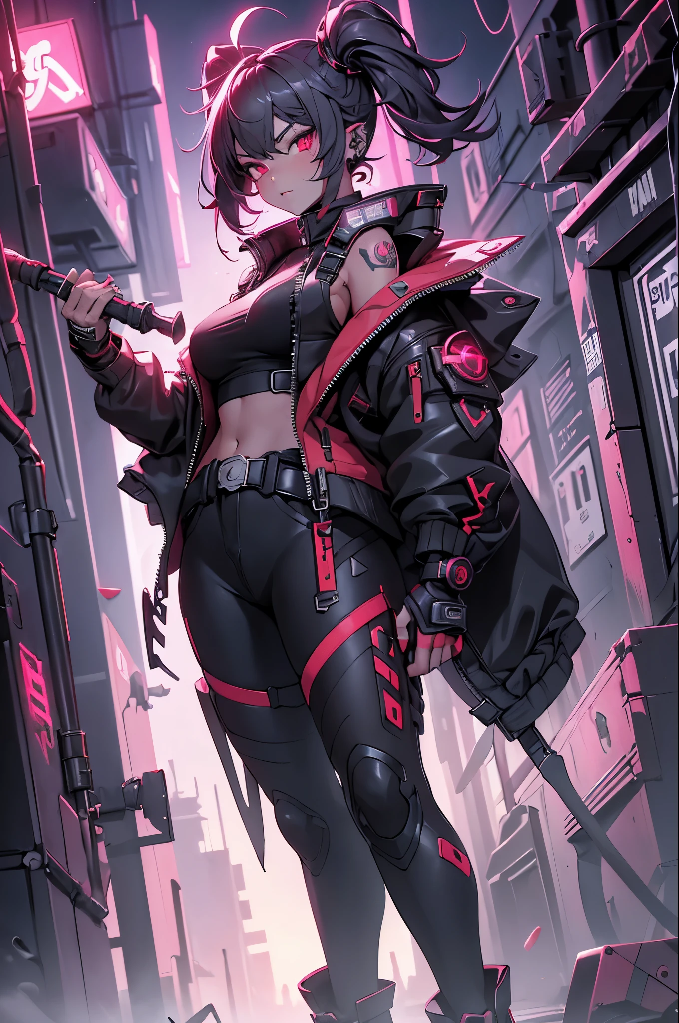 One girl, Rebecca \(cyber punk\), ((full body,Dynamic Angle,He holds a weapon in his right hand, raised it to his shoulder, and carries it on his shoulder.,Holding a hammer in your hand:1.35)),One Woman,Pink twisted twin tails, glowing Red eyes,Laugh fearlessly, Leg Tattoos, Neck Tattoo,  Large Breasts, Black bra, String, Red pupils, Leather Fang, Red eyes, Black jacket,cyber punk,cyber cityscape,