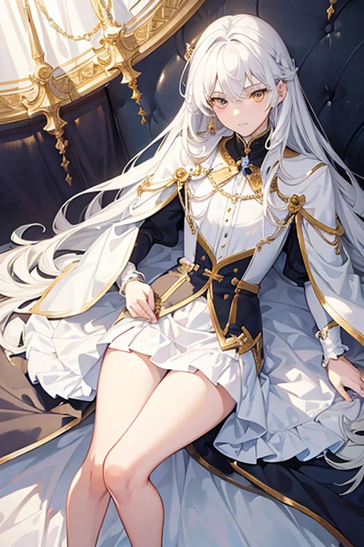 anime - style photo of one man with short white hair and amber eyes in formal clothing sitting on a throne, anime key visual of elegant, delicate androgynous prince, aristocratic appearance, girls frontline style, imperial royal elegant clothing, from girls frontline, beautiful androgynous prince, aristocratic clothing, fine details. girls frontline, royal elegant pose, anime cover, one anime handsome man, official art