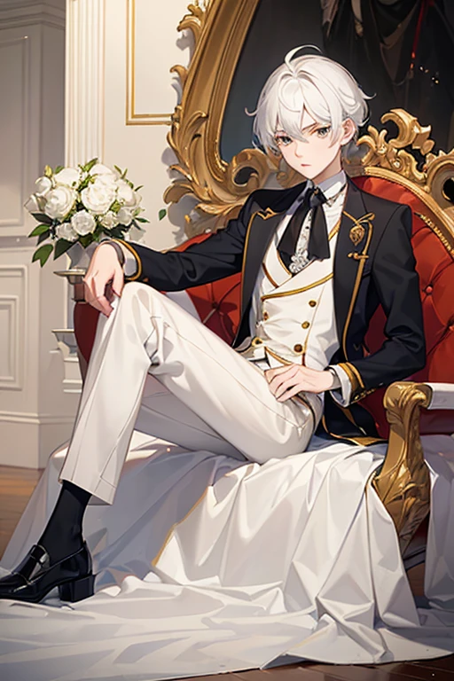 anime - style photo of one man with short white hair and amber eyes in formal clothing sitting on a throne, anime key visual of elegant, delicate androgynous prince, aristocratic appearance, girls frontline style, imperial royal elegant clothing, from girls frontline, beautiful androgynous prince, aristocratic clothing, fine details. girls frontline, royal elegant pose, anime cover, one anime handsome man, official art