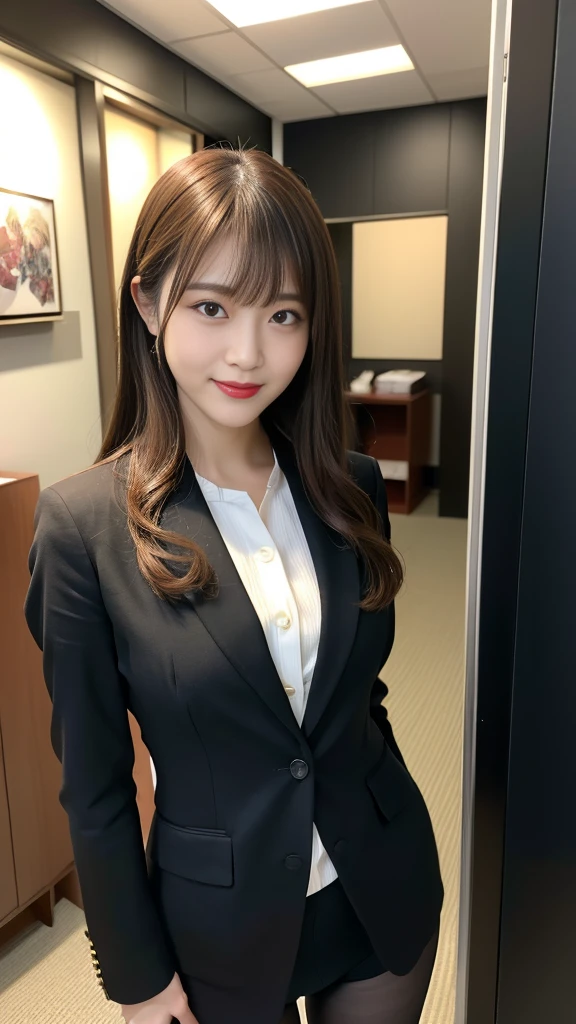 (8k、RAW Photos、highest quality、masterpiece:1.2)、(Realistic、Realistic)、detailed、Japanese、Attractive beauty、Attractive adult woman、Beautiful woman、Sharp Eye、Cool girl、Wavy Hair、Swept-apart bangs、Black business suit、pantyhose、Shining beautiful legs、lipstick、Lip gloss、Heavy makeup、Grin、evilな表情、evil、Hollow Eyes,Half-closed eyes、Hollow Eyes、evil、Night Room、Fukuoka、Nakasu downtown、Are standing