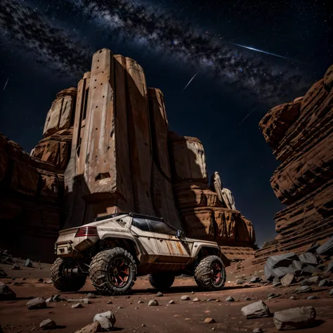 mars vehicle, 4x4 moth, tall vehicle, vehicle for rocky terrain, terreno de marte, rally vehicle, futuristic vehicle, futuristic vehicle em amrte, sky with moons and stars, universo, space, view of the earth from a distance, terreno vermelho, carro marte, ...
