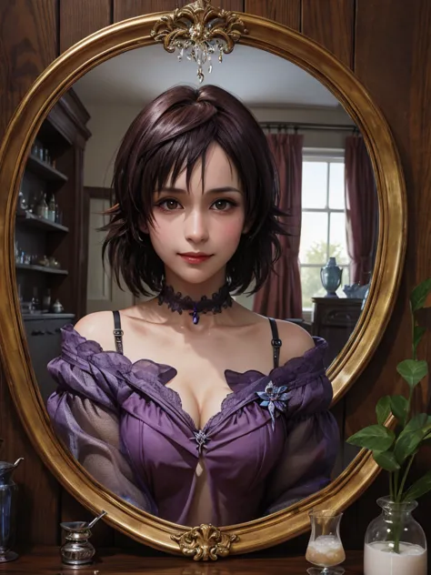 an image of, someone drinking a potion and transforming into a woman, their reflection revealing their surprised expression.