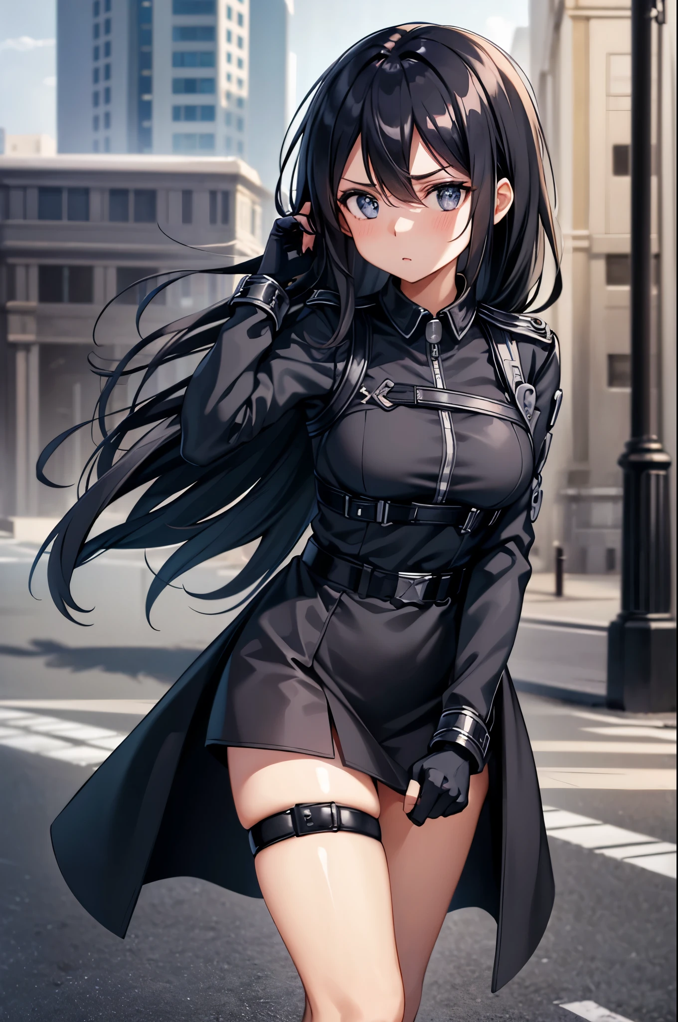 (masterpiece), best quality, expressive eyes, perfect face, highres, 1girl, solo, (female:1.5), kirito, black hair, long hair, black eyes, hair between eyes, black jacket, open jacket, black shirt, black pants, black fingerless gloves, modern city, blushing, worried face, standing, cowboy shot, looking at the viewer

