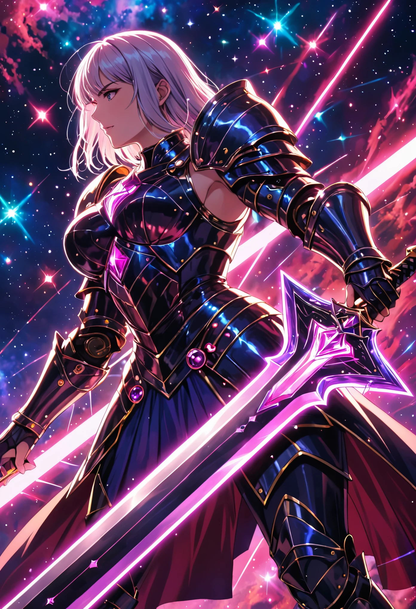 A woman in armor holding a sword in front of a galaxy background - SeaArt AI