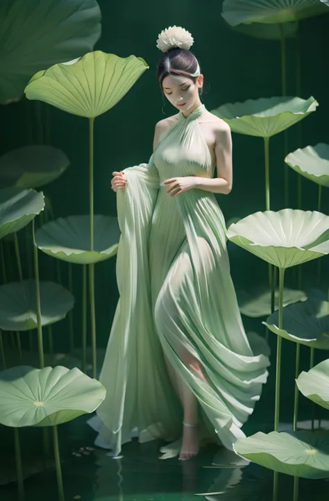 best quality,realistic,masterpiece,highly detailed,hdr,uhd,8k,1girl,green theme,white dress,lotus,flower,water