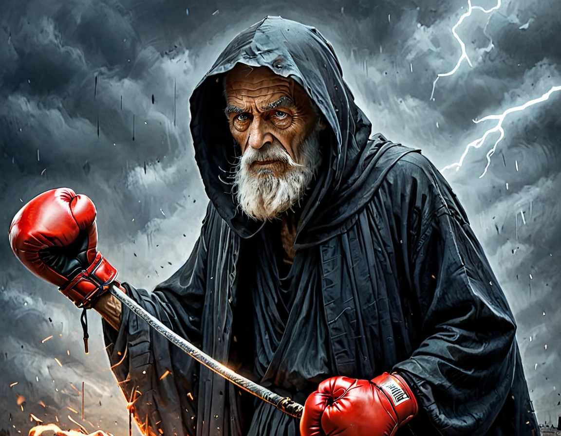 dramatic scene, detailed scene, ((1 old man with boxing gloves, facing death:1.7)), masterpiece, modern art, hyper-detailed, (best quality, 4k, 8k, high resolution, masterpiece: 1.2), ultra-detailed, (realistic, photo-realistic, photo-realistic: 1.37), HD, extremely detailed fine lines, expressive brush strokes, old man's worn skin texture, captivating composition, dynamic lighting, high contrast, sinister atmosphere, vibrant colors, emotional intensity, grim reaper with a loose tunic and a scythe. , intense gaze of the old man, subtle hints of struggle and determination, surprising contrast between life and death, a captivating narrative,