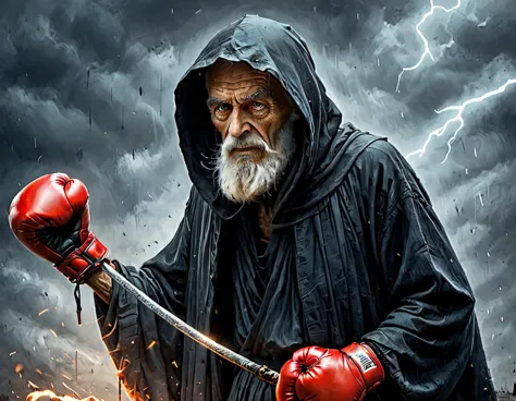 dramatic scene, detailed scene, ((1 old man with boxing gloves, facing death:1.7)), masterpiece, modern art, hyper-detailed, (be...