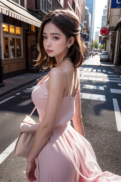 (masterpiece, highest quality, highest quality), ((Vibrant colors and patterns)),(((Perfect body)))(See-through gown),Colorful Camisole,Pale pink silk flared skirt,beautifully,Mysterious:1.2, (One Girl:1.3), Very detailed, Mature Woman,A kind smile, (Mouth closed), (highest qualityのmasterpiece:1.2) Delicate illustrations, Most detailed,Full body portrait, (Street background:1.3), (Shiny skin), (Many colors:1.4), ,(Earrings),((Three Necklaces))), Thick sole,White Tech Sneakers:1.3,Walking,