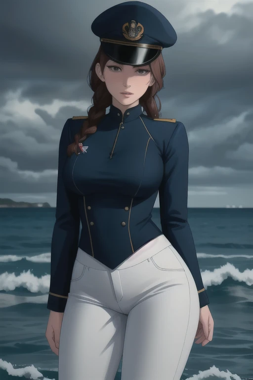 ultra realistic 8k, picture-perfect face, flawless, clean, masterpiece, perfect face, beautiful face, extremely detailed eyes,   a woman admiral, standing on a pier overlooking the seas, solo, detailed eyes, beautiful, looking at viewer, (dynamic pose), water, confident pose, stormy sea, storm, wind, (dark theme:0.85), small breasts, (white parade pants, blue admiral uniform, blue parade uniform, admiral hat),  hyperrealistic photography, extremely detailed CG unity 8k wallpaper, HDR, RAW photo, dslr, intricate detail, cute, magical, enchanting, parted lips, vibrant lighting, vibrant colors, (masterpiece, best quality, ultra-detailed, best shadow), perfect female body perfect female waist, photography BREAK  long hair, crownbraid, chestnut brown hair, ponytail, crownbraid tie, (pronounced blush)   