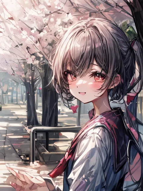 A sunny morning in spring, a row of cherry blossom trees lining the street. A cheerful girl in a sailor uniform turns around wit...