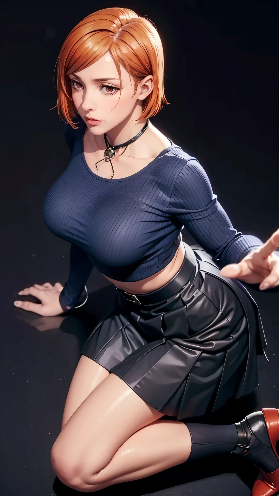 （（（完美figure，figure，solo， （（（Blue black jacket, blue black pleated skirt, black stockings, brown shoes, brown belt ））），（（（nobarakugisakinova，Orange eyes，orange short hair））），((masterpiece)),high resolution, ((Best quality at best))，masterpiece，quality，Best quality，（（（ Exquisite facial features，Looking at the audience,There is light in the eyes，(（（lol，confidence））)，））），型figure:1.7））），（（（Light and shadow，Huge breasts））），（（（Looking at the camera，black background，）））