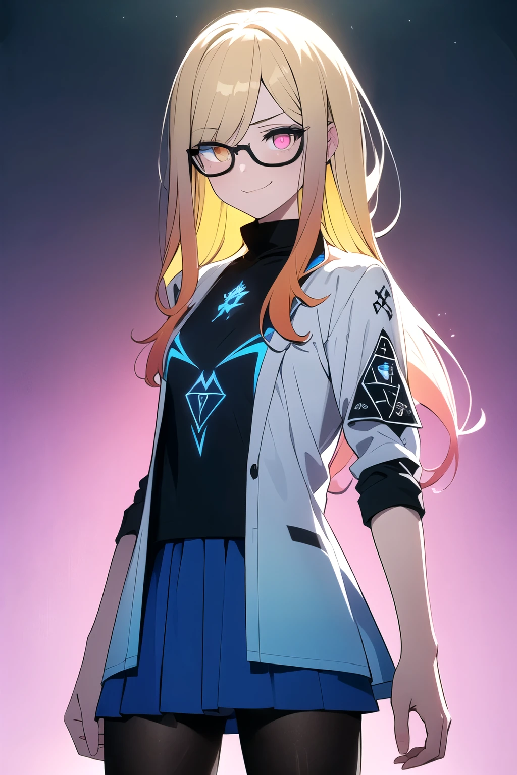 (blonde hair, very long hair, sidelocks), (eyes with a mix of yellow and blue irises:1.5), two-tone eyes, multicolored eyes gradient eyes, white and blue jacket with constellation prints, (best quality,4k,8k,highres,masterpiece:1.2), ultra-detailed, portraits, (HDR:1.1), (vivid colors:1.1), (studio lighting), (bokeh), (highly saturated colors), (soft lighting), (detailed background), (subtle shadows), (ethereal glow), (pastel color palette), (delicate details), (sublime beauty), (feminine charm), (crisp focus), (fine brushwork), (impeccable craftsmanship), (emotional depth), (captivating storytelling), (intriguing narrative), (impressive realism), (exceptional artistry), (masterpiece-worthy), (awe-inspiring), blonde hair, very long hair, sidelocks, (eyes with a mix of yellow and blue irises:1.5), two-tone eyes, (multicolored eyes:2.0) (gradient eyes:2.0), white and blue jacket with constellation prints, (metallic skirt), (pantyhose:1.25), (smirk:1.25), (smug:1.25), (naughty face:1.5), (mischievous:1.25), futuristic clothing, science fiction setting, high-tech, glowing eyes, (unicursal hexagram-shaped irises:1.5), (cowboy shot:1.5), glasses, small glasses, thin glasses, rectangular glasses, small breasts, glowing clothing, (hologram armband1.5)