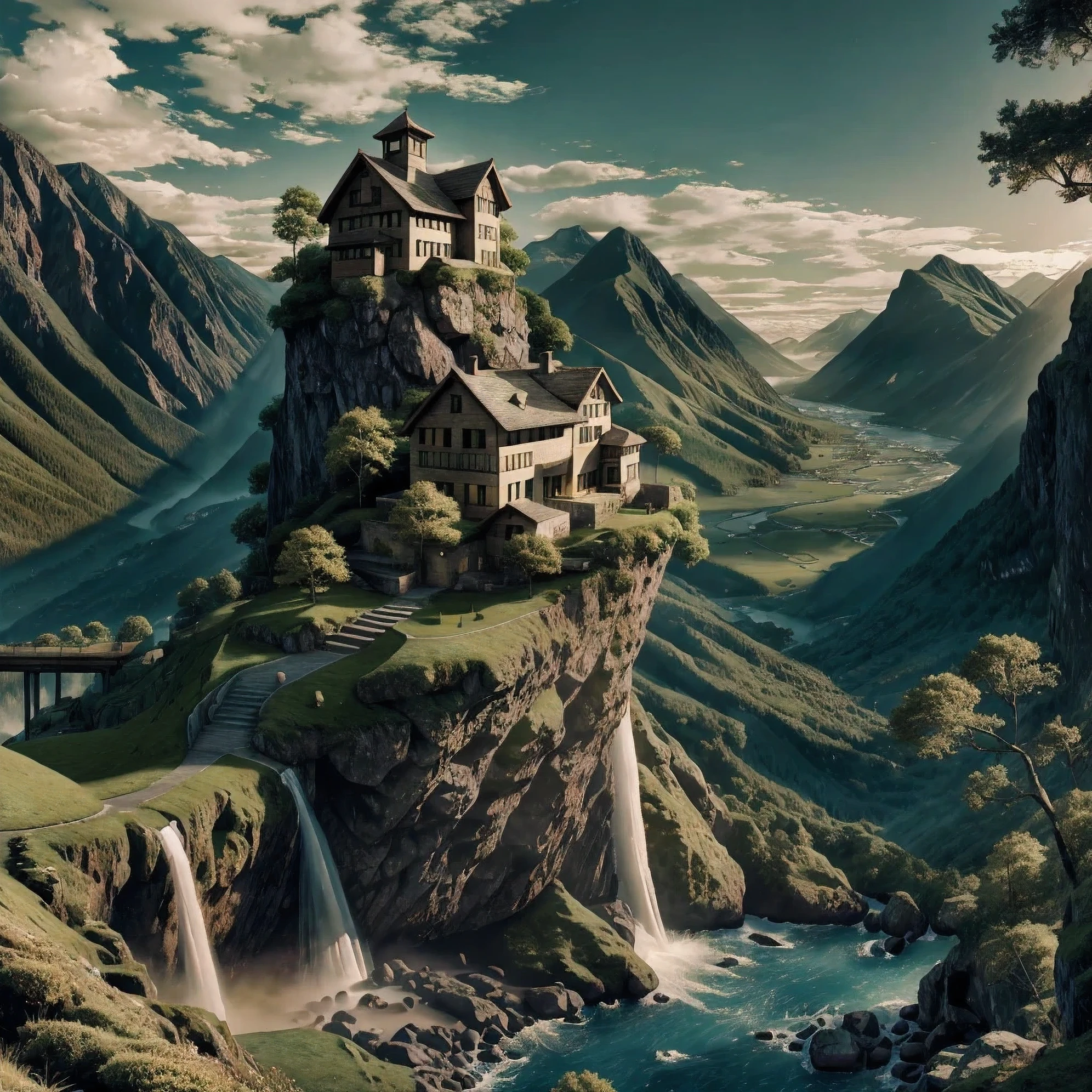 painting of a waterfall in a mountainous area with a house on the top, vertical wallpaper, 4 k vertical wallpaper, 4k vertical wallpaper, 8 k vertical wallpaper, 8k vertical wallpaper, ross tran. scenic background, beautiful mattepainting, 4 k matte painting, detailed scenery —width 672, beautiful iphone wallpaper, avatar landscape, inspired by Raphael Lacoste