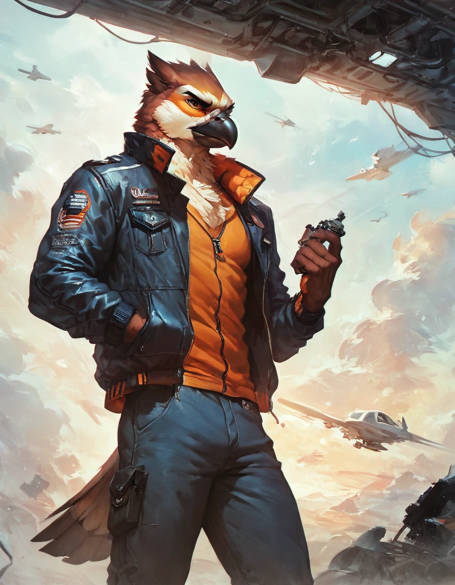 score_9, score_8_up, score_7_up, score_6_up, score_5_up, score_4_up, (solo), male anthro eagle avian, sky background, jacket, serious, pants, pilot, saluting