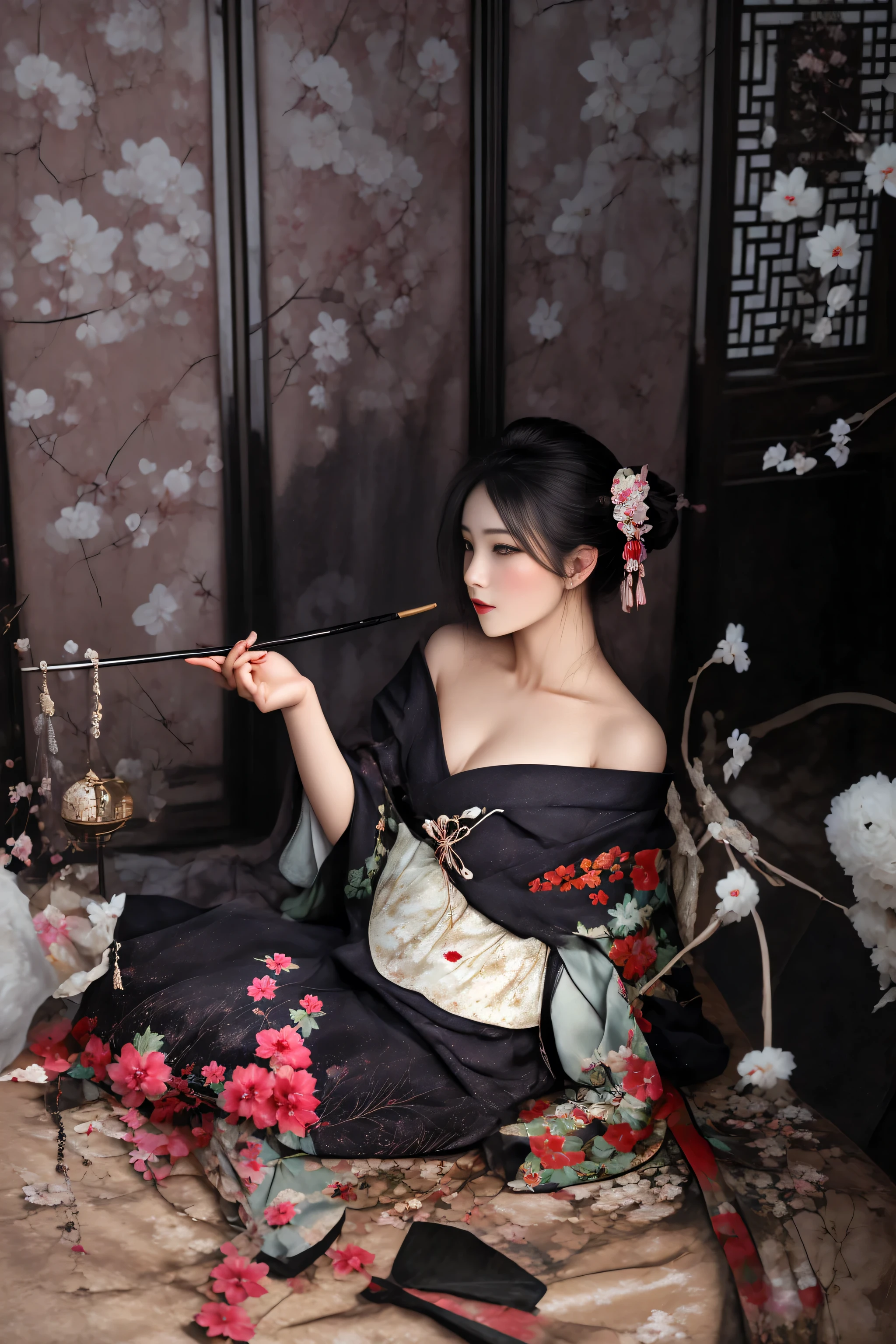 woman in a quimono dress sitting on a bed with a fan, hanfu, Palácio ， uma garota em hanfu, elegante mulher japonesa, japanese quimono, com roupas chinesas antigas, in quimono, quimono, roupas tradicionais de gueixa, vestindo roupas chinesas antigas, gueixa glamorosa e sexy, Festival Fantasma, beleza tradicional, wearing quimono
