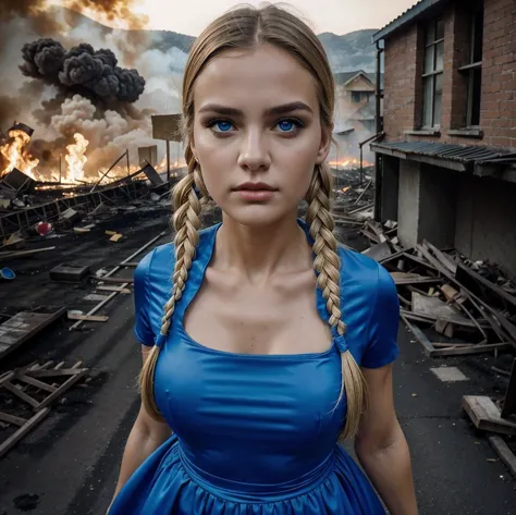 masterpiece, best quality, Bubbles, blue dress, blonde pigtails, pretty face, insanely detailed eyes, intense look, fighting pos...