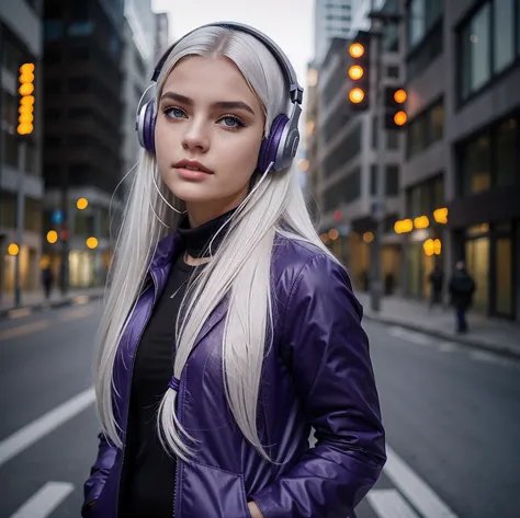 1girl, white hair, long hair, techwear  masterpiece, bestquality, realistic, realism, dark purple jacket, portrait, detailed eye...