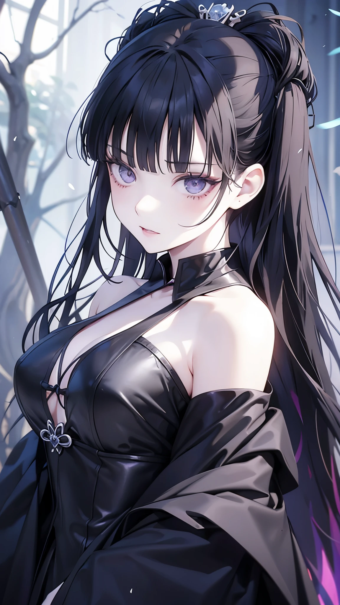 pale girl, black hair, shoulder-length hair, close-up, young adult, demon slayer, kimetsu no yaiba, goth girl, black hair, goth mommy, dark environment, forest purple sparks, bitchy expression, arrogant