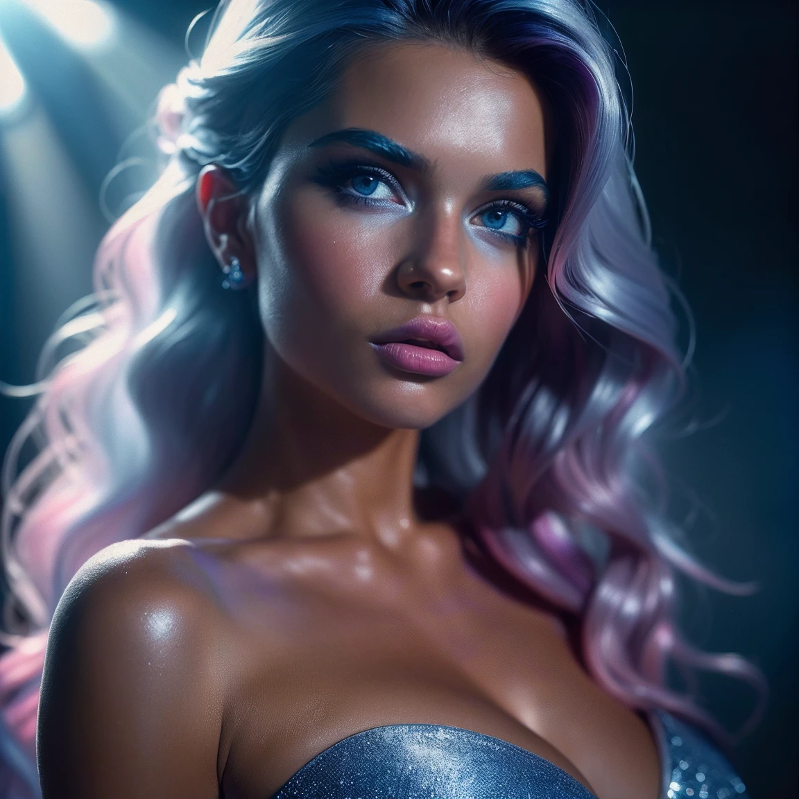 (((ultra realistic))) Photo, masterpiece, top quality, (tanned skin), (Ultra detailed face and eyes:1.3), 1 girl, Adult, in a dress, ((Caramel eyes)), ((Eye makeup, pink mascara)), ((large detailed lips)), ((Blue wavy hair)), ((Stylish hairstyle)) , (Natural breasts). ((Posing)), photoshoot, (Soft) Lighting, (The play of light and shadows), depth of field, bokeh, (special attention to skin detail: 1.2), Detailed leather texture, skin pores. (Erotic atmosphere of the frame. Color range - Blue, purple, pink, silver, white tones), UDR, ((Film grain)), ((rays)), (Glare), ((close-up portrait, close to the camera)) , ultra detialed.