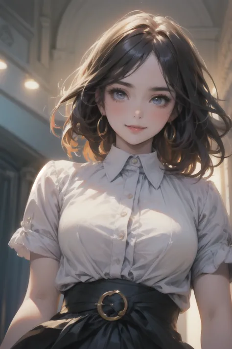 best quality, masterpiece, (drawing:1.4), 1girl, light smile, shirt with collars, waist up, dramatic lighting, from below
