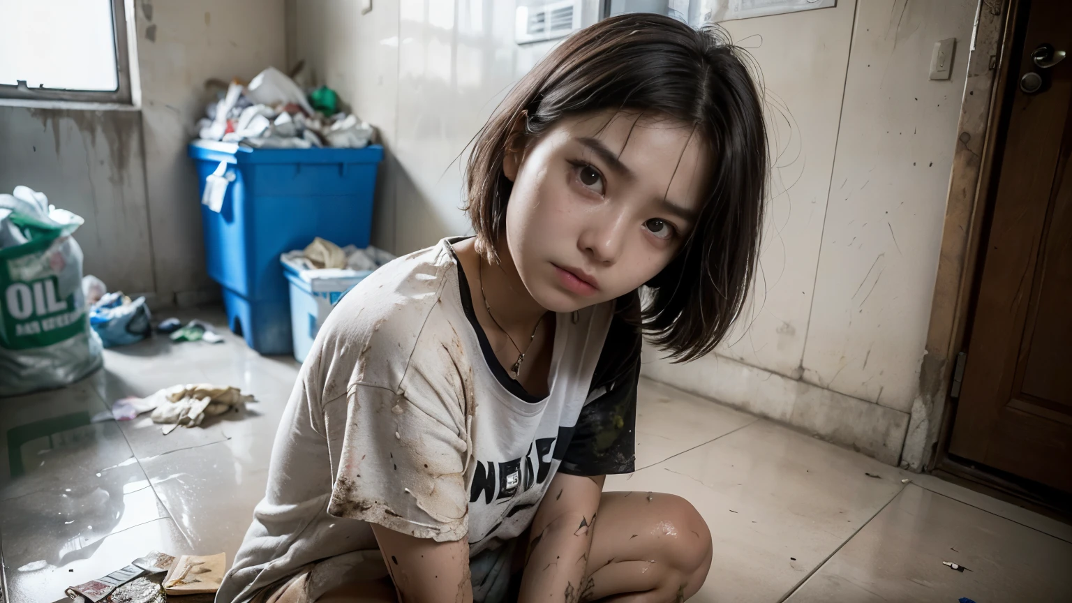 An 18-year-old Korean woman surrounded by a pile of garbage,aespakarina,Bobcut,Begging,beggar,(((Homeless))),((( Bad smell,Oil,Mud stains,shit,dirty))),(((Frowning,Glaring at the camera))),((((The room is filled with garbage))),Very fine eye, (((He&#39;s wearing a tattered black tracksuit.))),(((Tragic))),(make:1.3),Big eyes