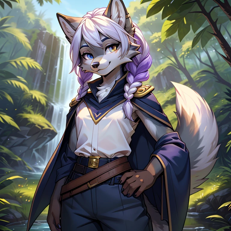 Solo, Young Female white fox-cat (((lean-body))) (((small breasts))) (short snout),(((black stripe between neck and shoulder towards chest))) ((black fur stripe on waist))(ears are darker), (heterochromia(orange, violet)), (cat tail (black at end)), (white hair (single-braided)), (fantasy adventure type clothing ((violet shirt), golden-brown cloak, (navy-blue belt) khaki pants)), happy ((looking at viewer)) ((Female wolf))