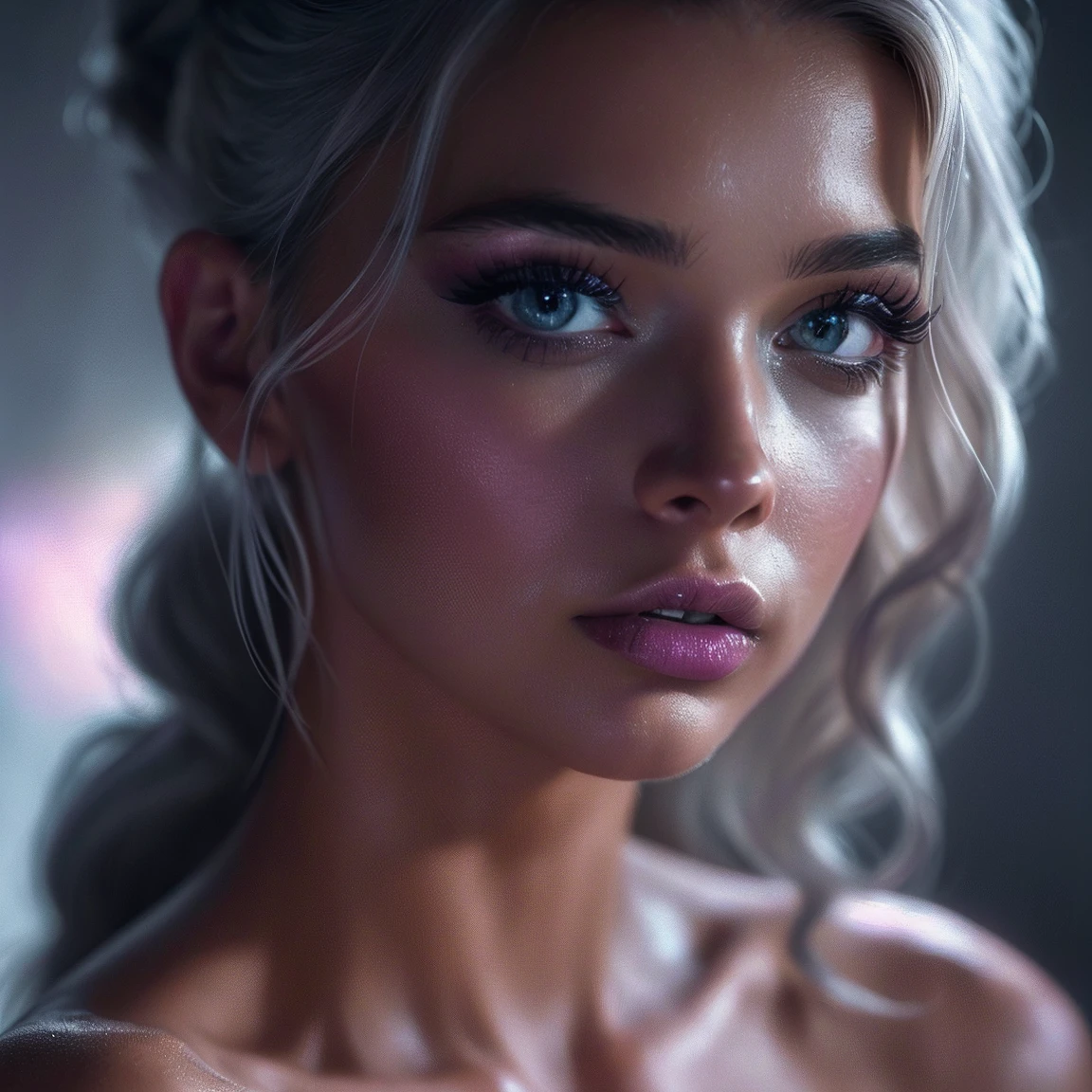 (((ultra realistic))) Photo, masterpiece, top quality, (tanned skin), (Ultra detailed face and eyes:1.3), 1 girl, Adult, in a dress, ((Bright Grey eyes)), ((Eye makeup, peach mascara)), ((large detailed lips)), ((Cyan wavy hair)), ((Stylish hairstyle)) , (Natural breasts). ((Posing)), photoshoot, (Soft Lighting), (The play of light and shadows), depth of field, bokeh, (special attention to skin detail: 1.2), Detailed leather texture, skin pores. (Erotic atmosphere of the frame. Color range - Purple, Pink, Silver, White tones), UDR, ((Film grain)), ((rays)), (Glare), ((close-up portrait, close to the camera)) , ultra detialed.