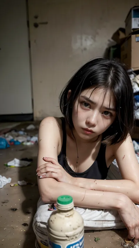 An 18-year-old Korean woman surrounded by a pile of garbage,aespakarina,Bobcut,Begging,beggar,(((Homeless))),((( Bad smell,Oil,M...