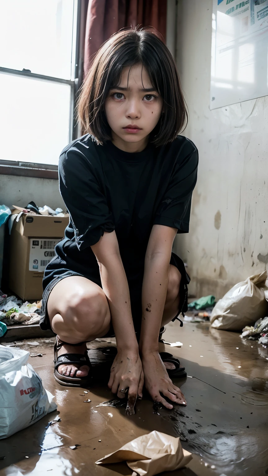 An 1 Korean woman surrounded by a pile of garbage,aespakarina,Bobcut,Begging,beggar,(((Homeless))),((( Bad smell,Oil,Mud stains,shit,dirty))),(((Frowning,Glaring at the camera))),((((The room is filled with garbage))),Very fine eye, (((He&#39;s wearing a tattered black tracksuit.))),(((Tragic))),(make:1.3),Big eyes