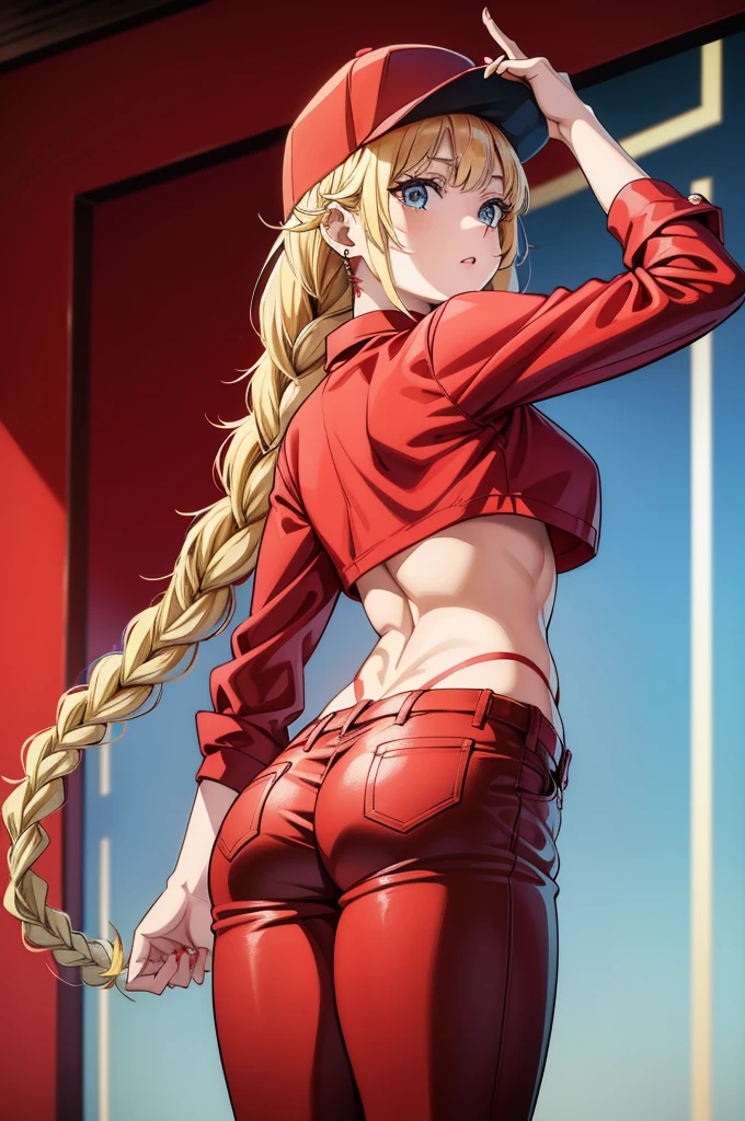 a lovely young blonde female in a tight red suit and baseball cap, 1girl, blonde hair, solo, hat, blue eyes, long hair, braid, piercing, ear piercing, breasts, red shirt, crop top, tattoo, back tattoo, baseball cap, midriff, shirt, bangs