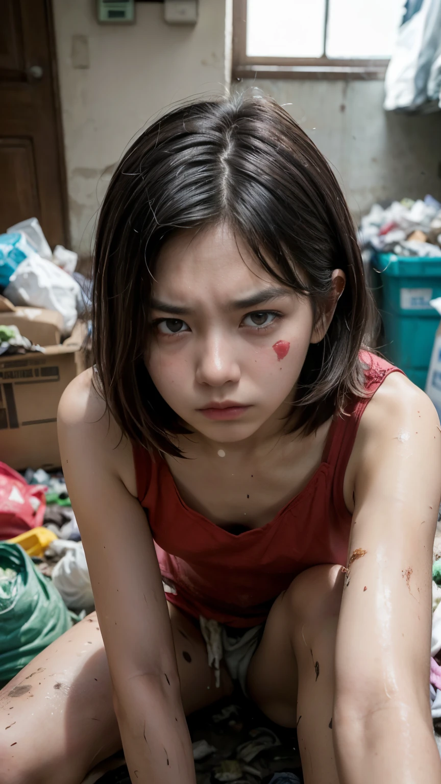 An 1 Korean woman surrounded by a pile of garbage,aespakarina,Bobcut,Begging in the city,beggar,(((Homeless))),((( Bad smell,Oil,Mud stains,shit,dirty))),(((Frowning,Glaring at the camera))),((((The room is filled with garbage))),Very fine eye, (((He&#39;s wearing a tattered black tracksuit.))),(((Tragic))),(make:1.3),Big eyes