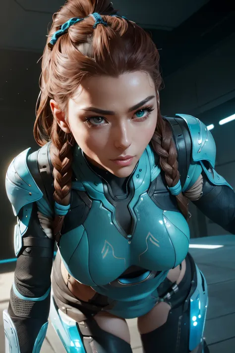 Aloy from Zero Dawn in a sexy pose, ultramodern outfit revealing toned abs and hips, intricately detailed cybernetic enhancement...