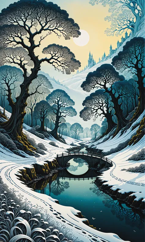 a painting of a snowy landscape with trees and a river