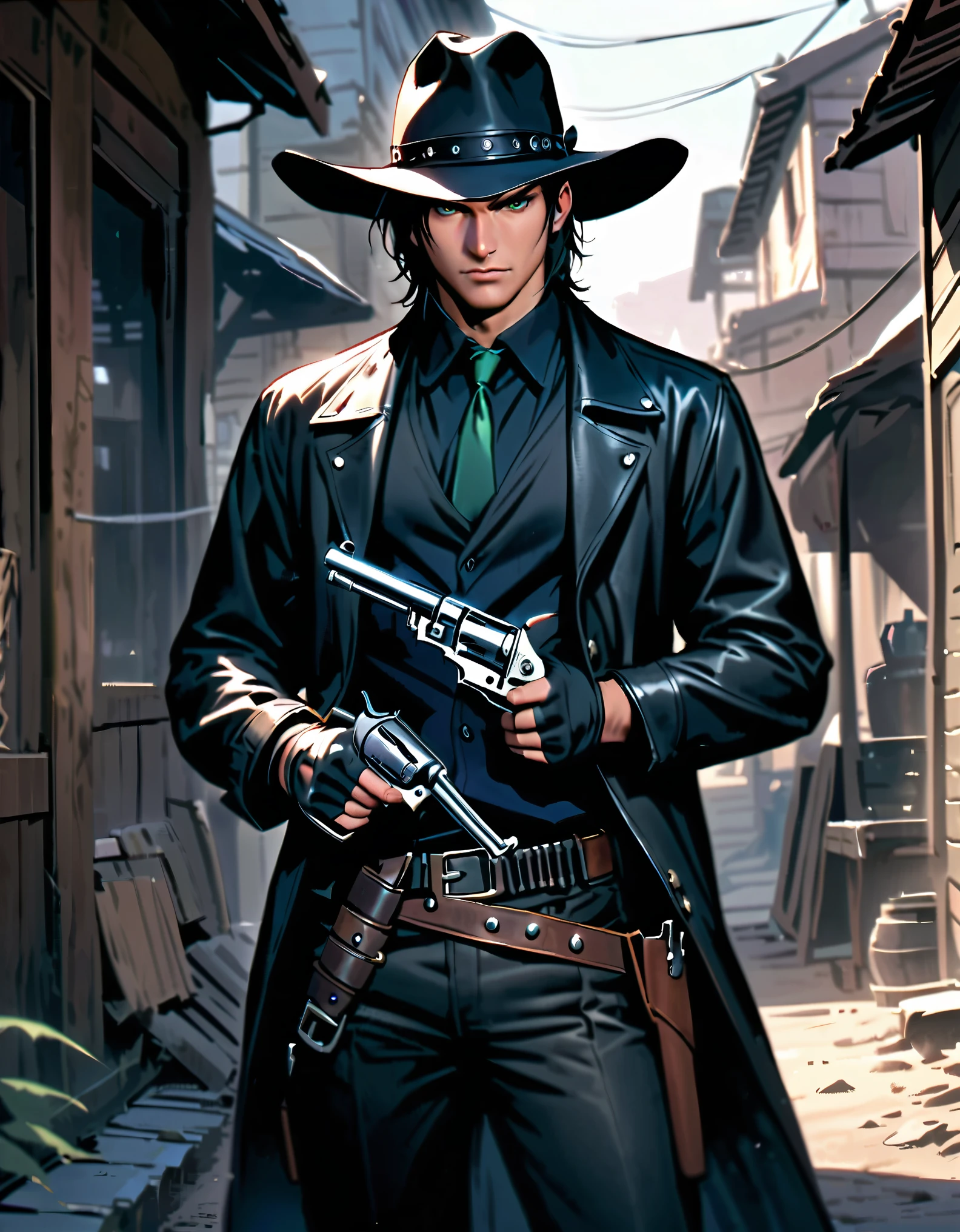 semi-réaliste, seulement, seulement focus, 1 jeune homme aux cheveux noirs, gilet long noir, air sérieux, 1 homme, yeux verts, photo de tout le corps, chasseur de primes de cowboy dans un cadre moderne, tir de cow-boy, chapeau noir, chemise noire, cravate, long manteau noir, gants sans doigts, Pantalon noir, boucle de ceinture, chaussures, air sérieux, (tenant un pistolet, tenant une arme, Pistolet revolver Colt, doigt sur la gâchette), Ambiance western spaghetti