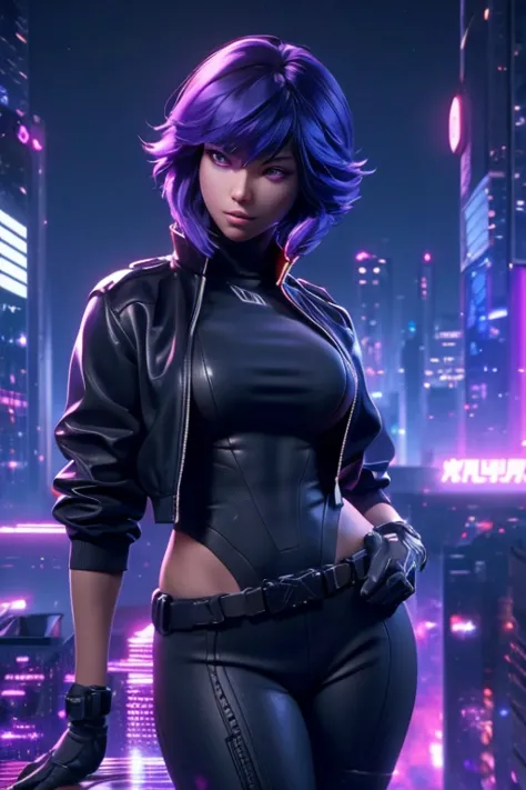 top view, motoko kusanagi from ghost in the shell on roof edge of skyscrape, detailed face expression, beautiful detailed purple...