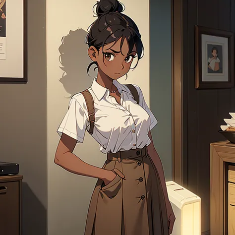 1 girl, Black hair with a Bun, Thin, small breasts , middle brown skin, Wearing a short-sleeved white button-down shirt, and a l...